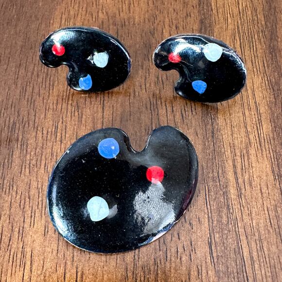 Vintage Artist Paint Palette Brooch Screw Back Earrings Set Enamel Copper MCM - Picture 5 of 13